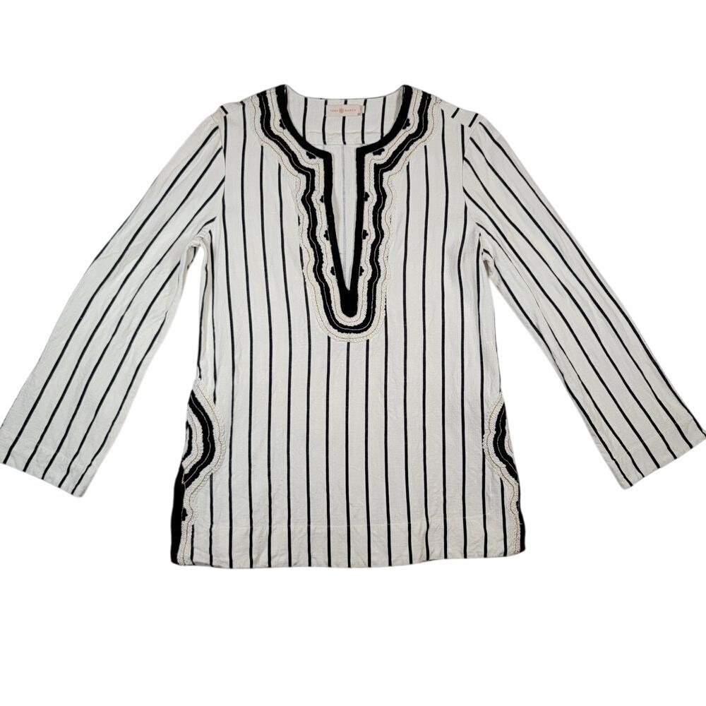 Tory Burch Women's Filipa Slub Tunic Top Sz 10 Ivory / Black Striped Embellished